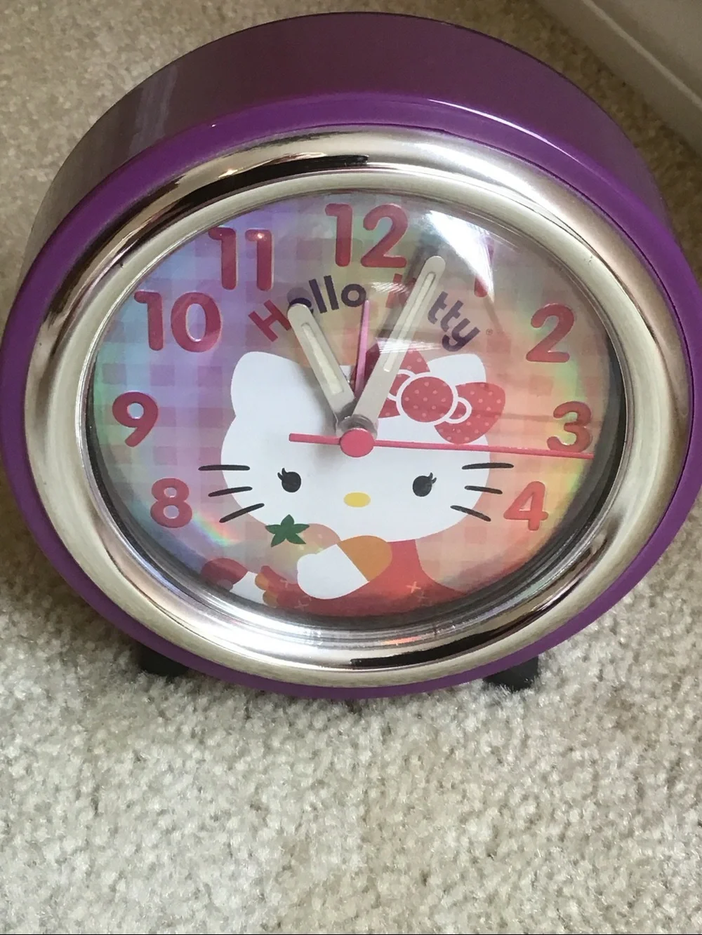 Retro Hello Kitty Alarm Clock, Purple/Pink/Reflective Multicolor, 5”